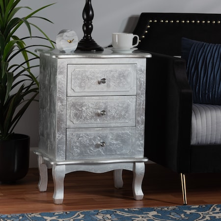 Baxton Studio Newton Classic and Traditional Silver Finished Wood 3Drawer Nightstand 220-12545-ZORO